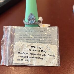 The Marina Ring: Aquamarine Cubic Zirconia Ring with Hematite Plating March 26